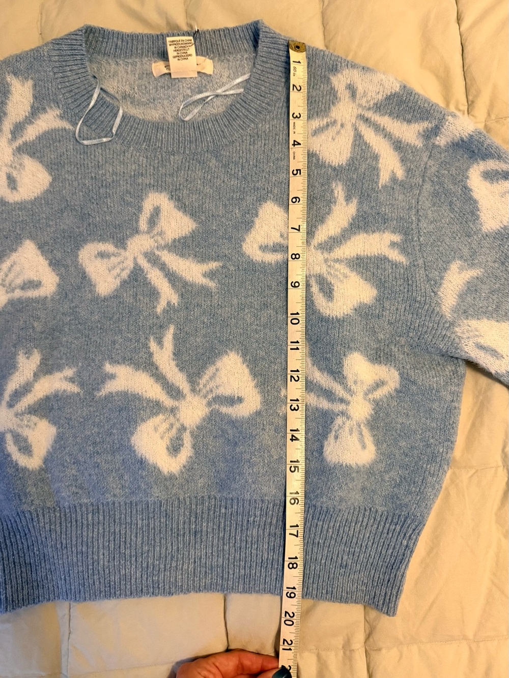 Jessica Simpson Allover Bow Cropped Crewneck Sweater Blue White S - Picture 10 of 11